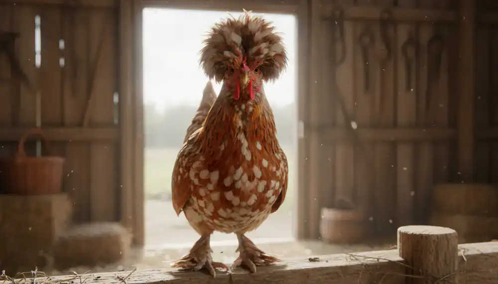 Distinctive hen with tufted feathers looking at the camera