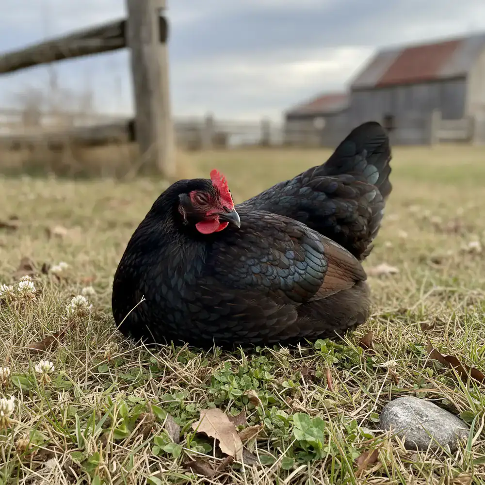 Dark feathered heritage hen resting in the grass