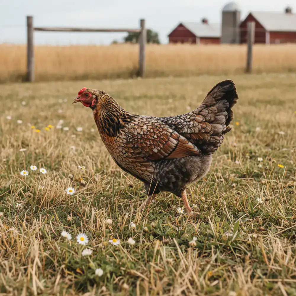 Speckled hen walking through farm pasture