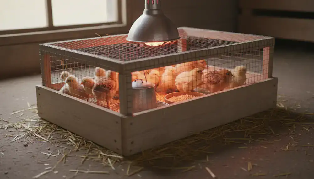 Young chicks being cared for in a warm farm brooder environment