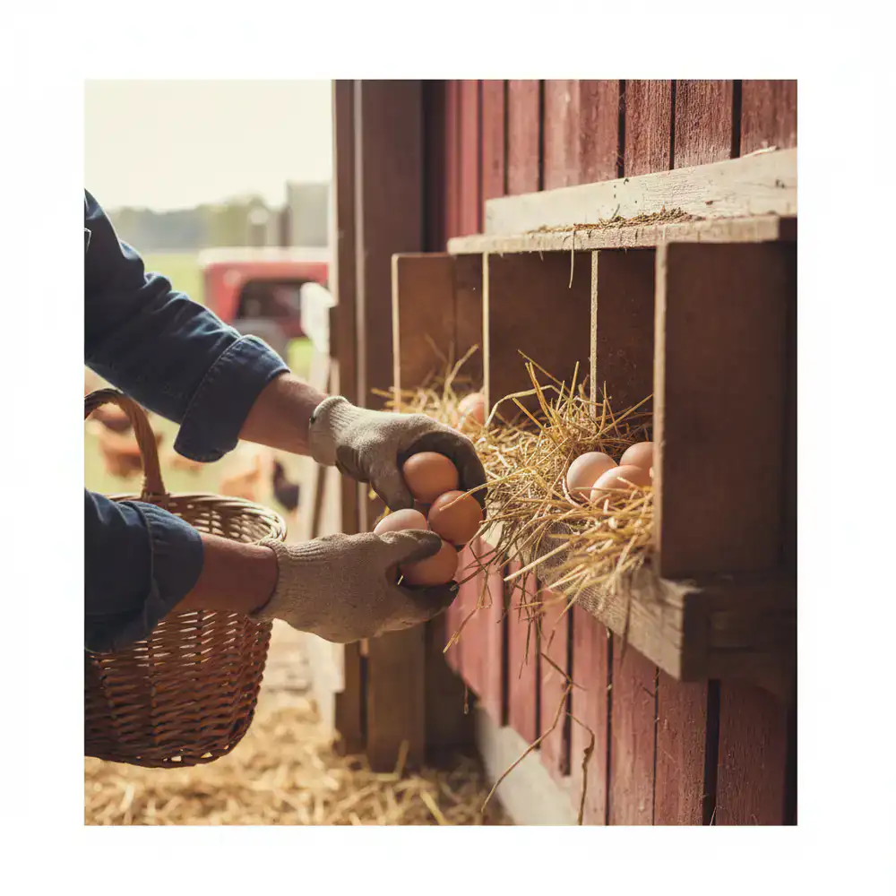 A farmer collecting fresh eggs from a wooden nesting box