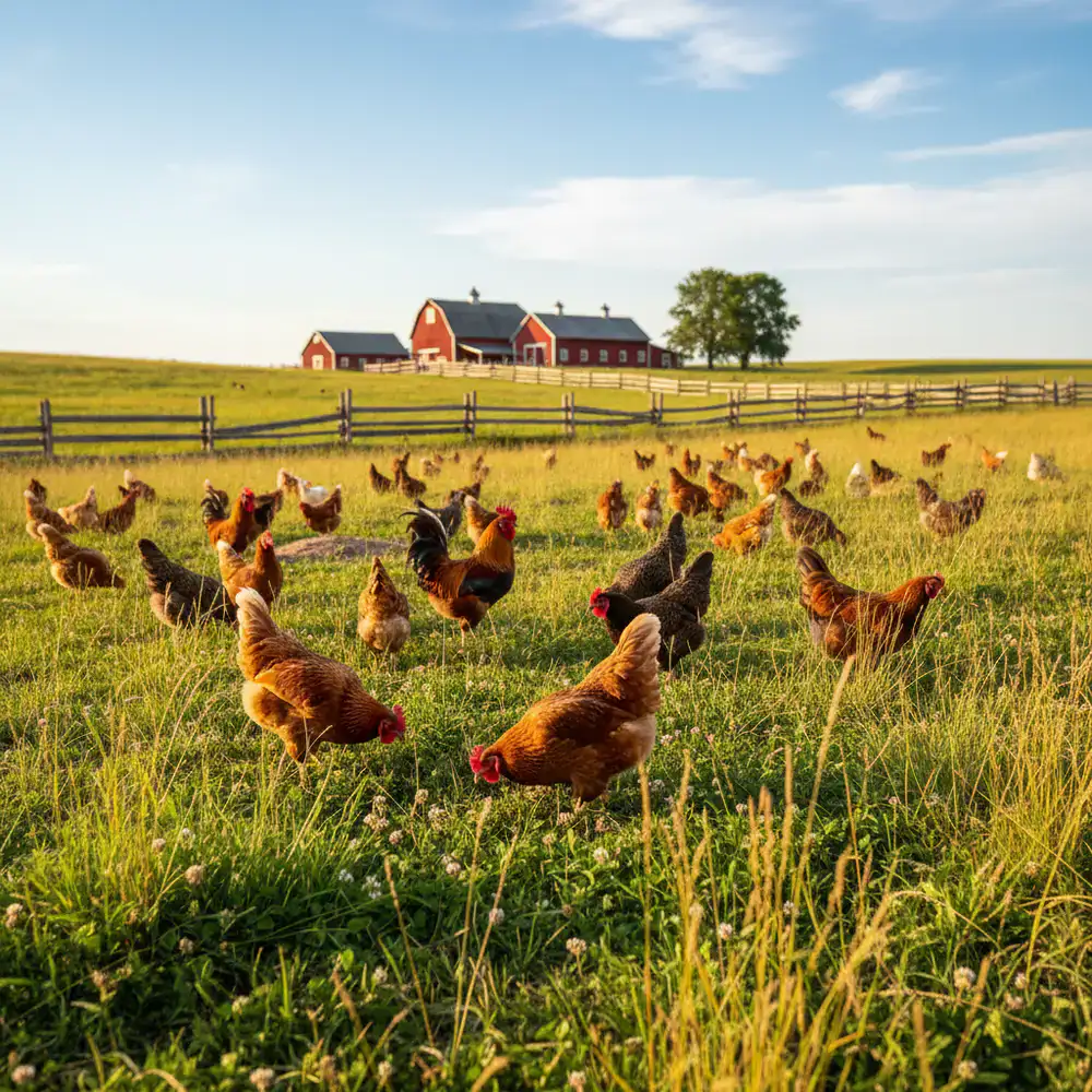 A healthy flock of free-range chickens in a sunny pasture