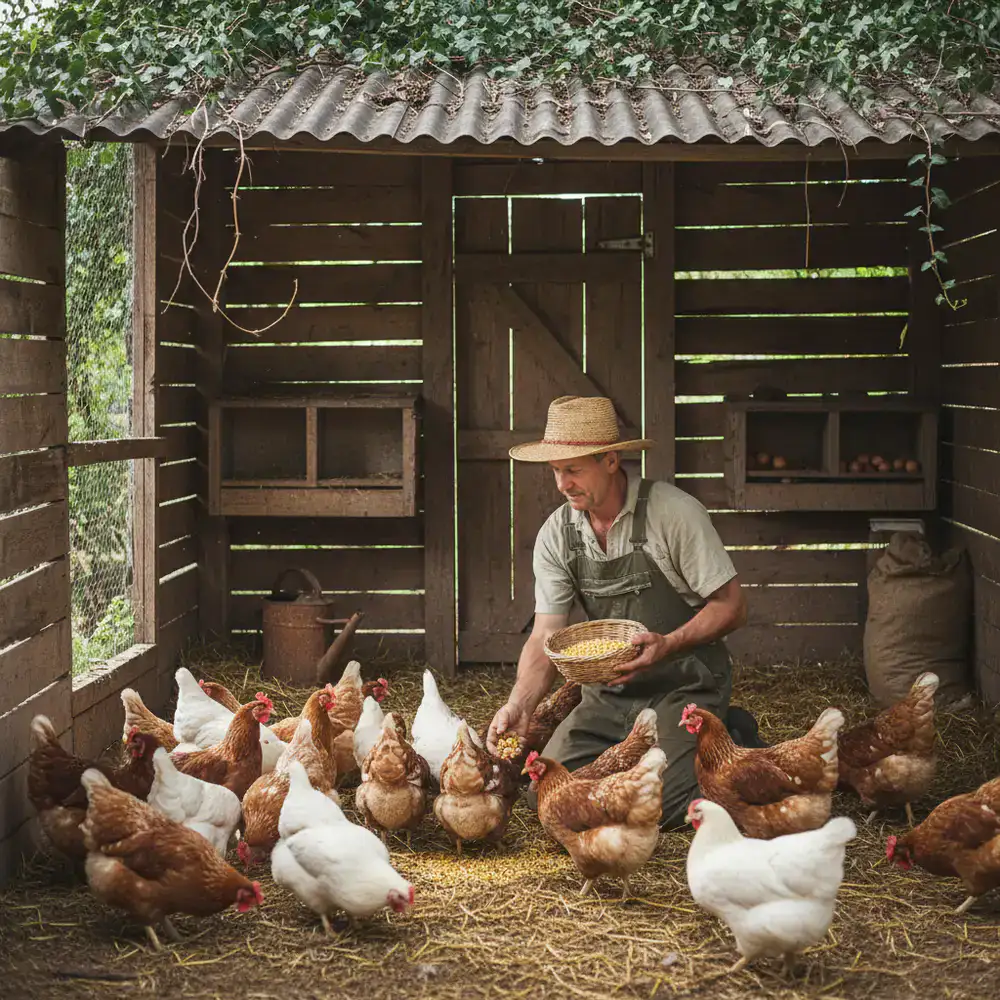 Farmer tending to chickens in a rustic wooden coop
