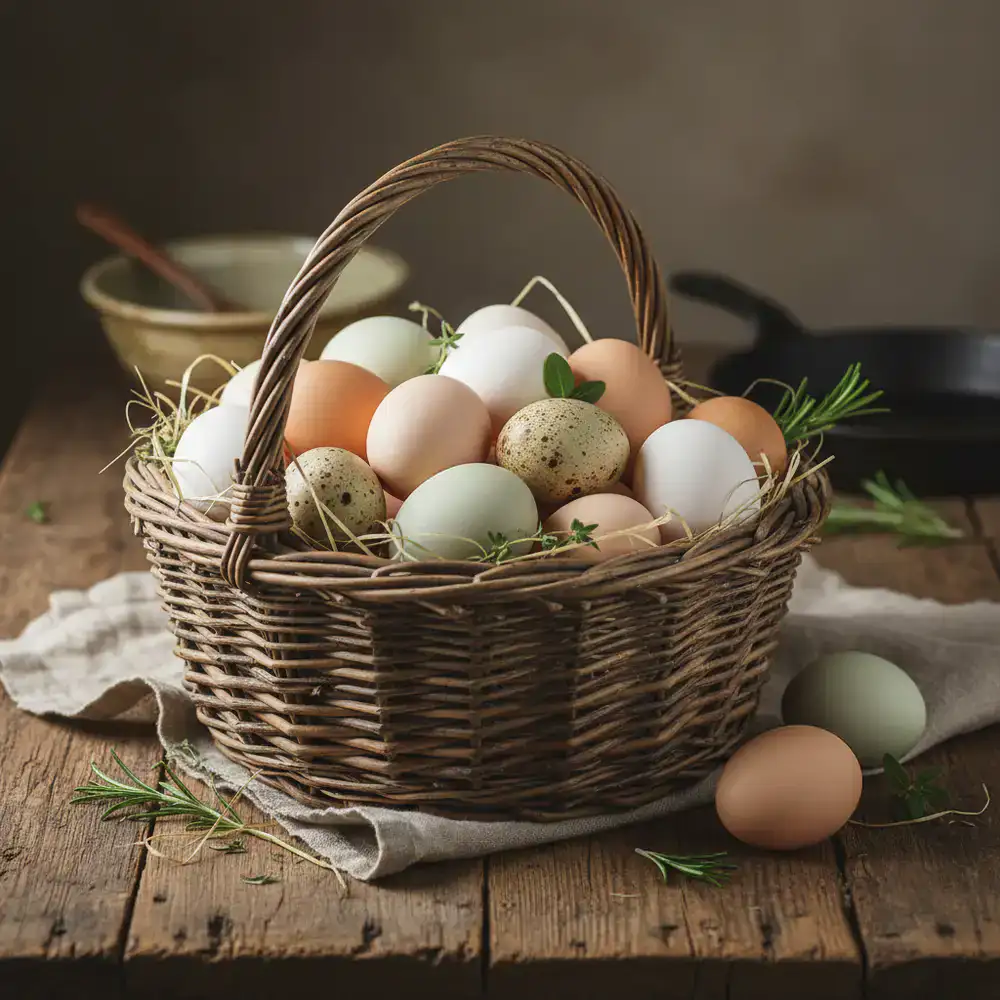 A rustic basket filled with assorted fresh farm eggs