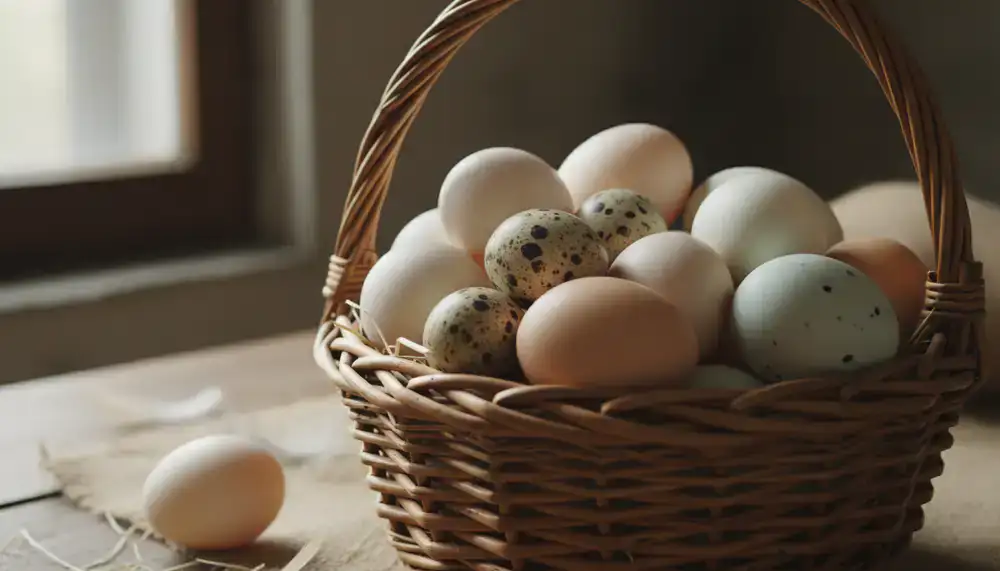A rustic basket filled with freshly gathered eggs
