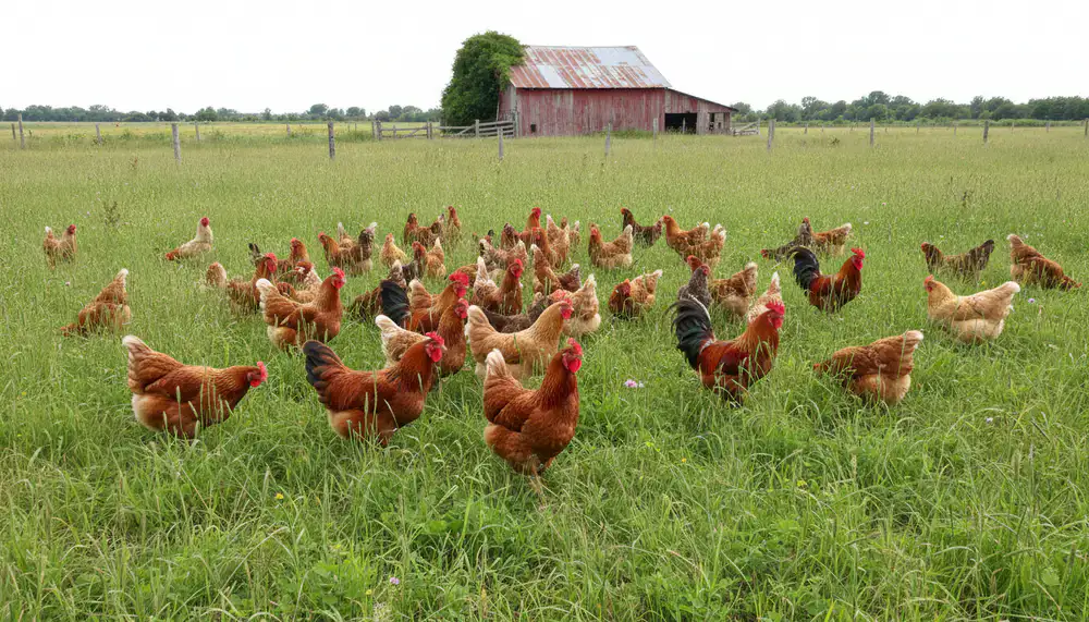 A flock of healthy free-range chickens wandering in an open pasture